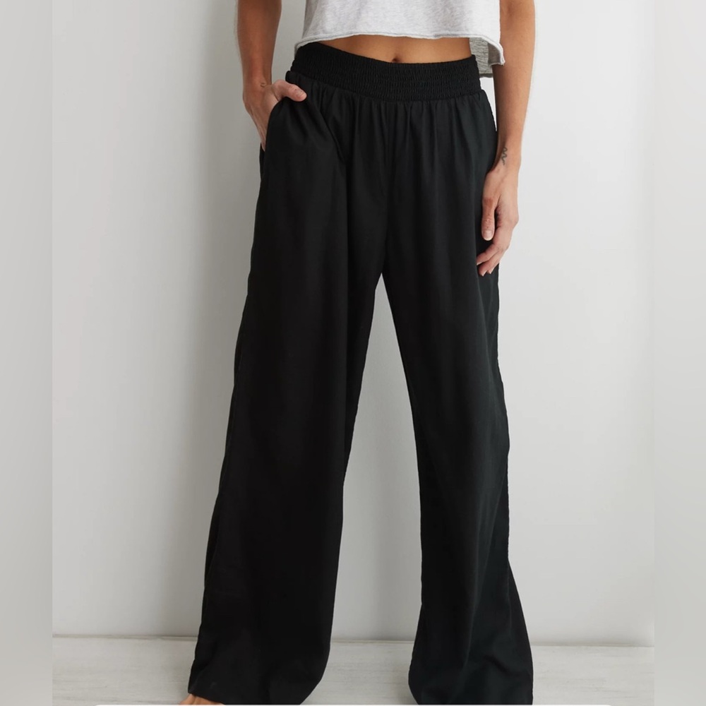 Women’s Aerie Black Linen Blend Wide Leg Pants Size XL